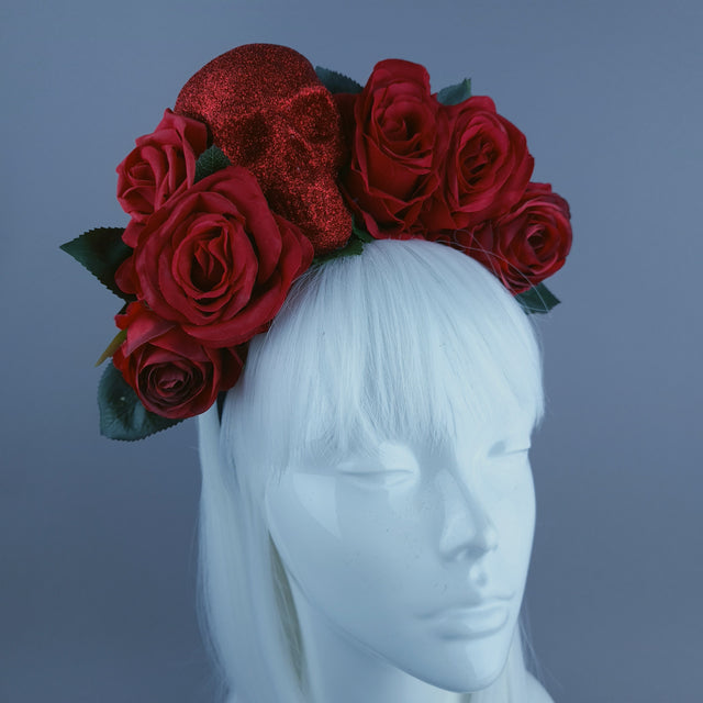 Red Glitter Skull & Red Rose Flower Headdress