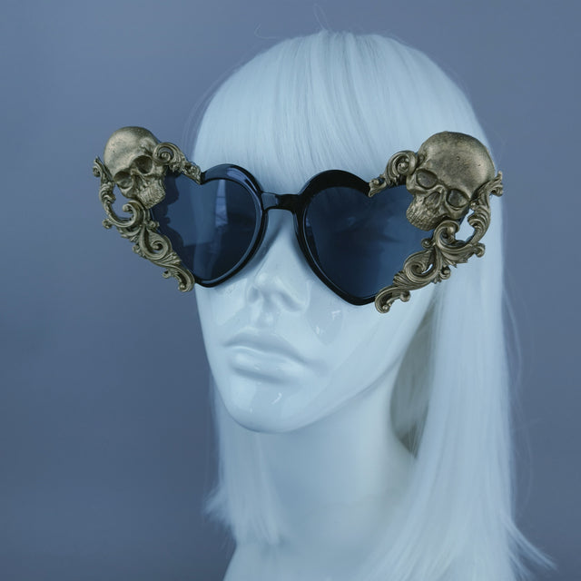 *SAMPLE!* Gold Black Skull & Filigree Heart Shaped Sunglasses