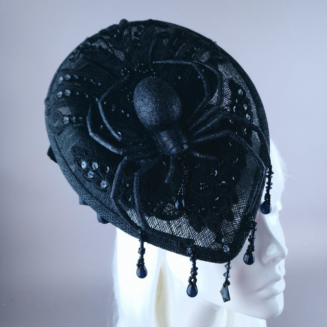 "Araignee" Black Glitter Spider Lace Fascinator Hat