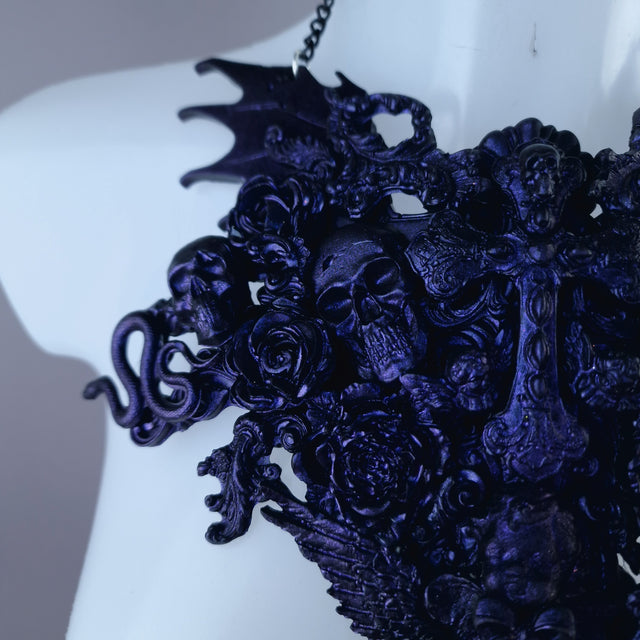 "Impaurito" Black Purple Filigree Skull Neckpiece