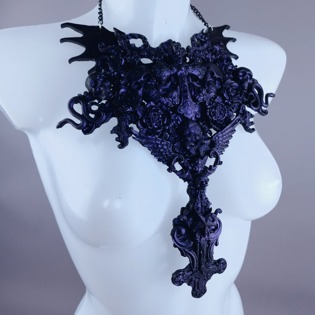 "Impaurito" Black Purple Filigree Skull Neckpiece