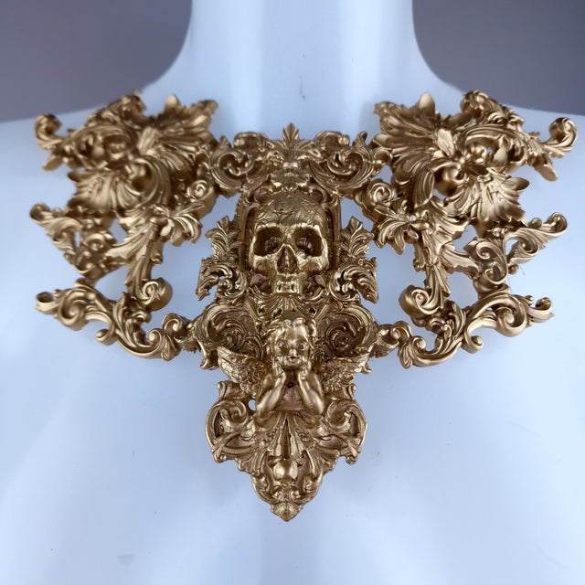 "Kacela" Gold Skull, Cherub & Filigree Neckpiece