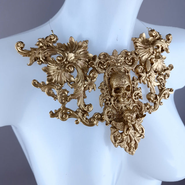 "Kacela" Gold Skull, Cherub & Filigree Neckpiece