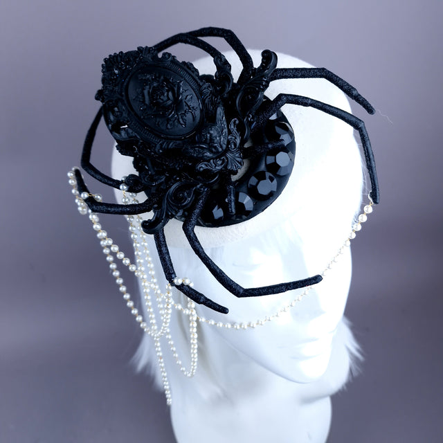 "The Webs We Weave" Black Filigree Spider & Pearl Fascinator Hat