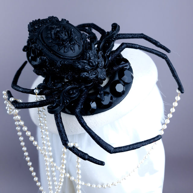 "The Webs We Weave" Black Filigree Spider & Pearl Fascinator Hat