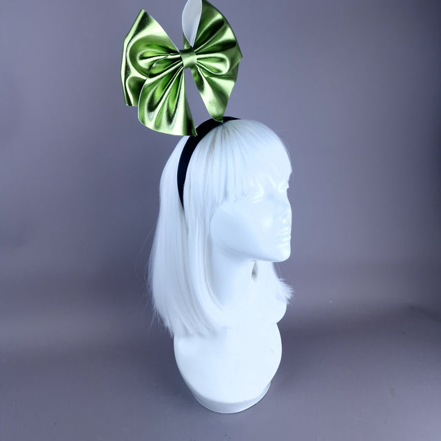 "Shirley" Metallic Lime Green Bow Headpiece