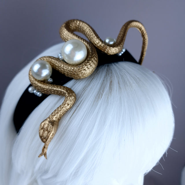 "Mixcoatl" Gold Snake & Pearl Headpiece