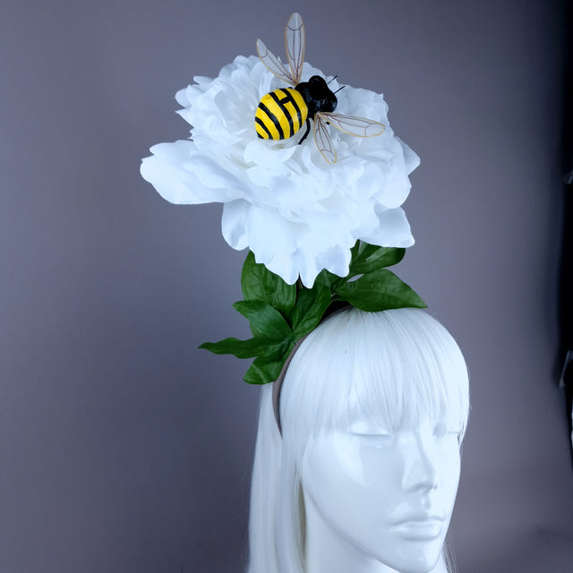 "Alette" Huge White Flower & Bee Headpiece
