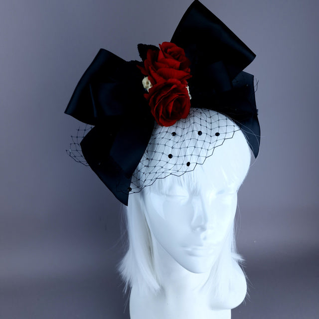 "Raizel" Red Rose Bow & Veil Headdress