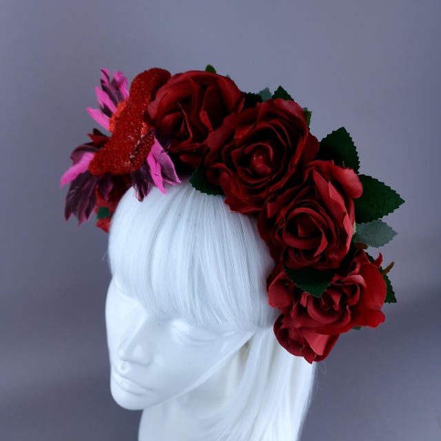 "Nara" Red Rose & Bird Flower Crown