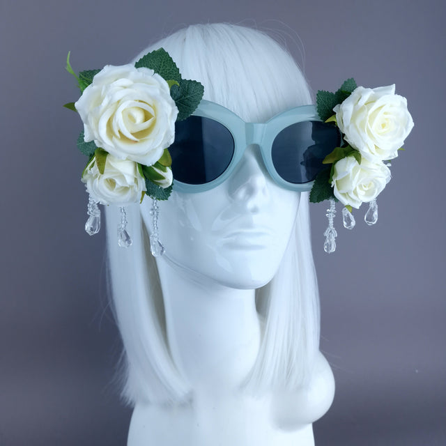 "Rosalind" Silk Ivory Rose & Beading Green Sunglasses