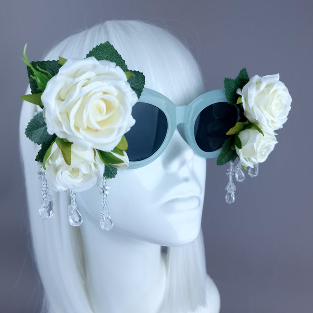 "Rosalind" Silk Ivory Rose & Beading Green Sunglasses