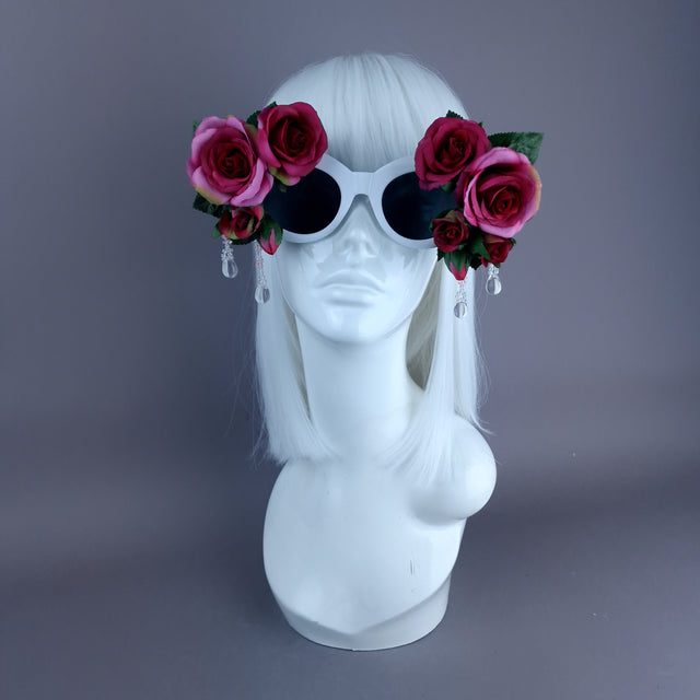 "Rosalind" Silk Pink Rose & Beading White Sunglasses
