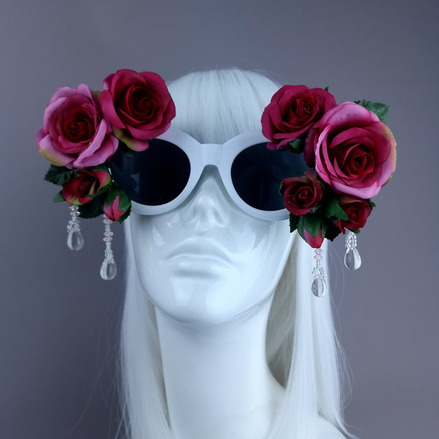 "Rosalind" Silk Pink Rose & Beading White Sunglasses