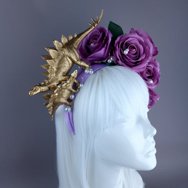 "Bebe" Dinosaur, Pearls & Purple Rose Headdress