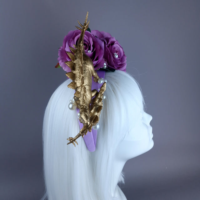 "Bebe" Dinosaur, Pearls & Purple Rose Headdress