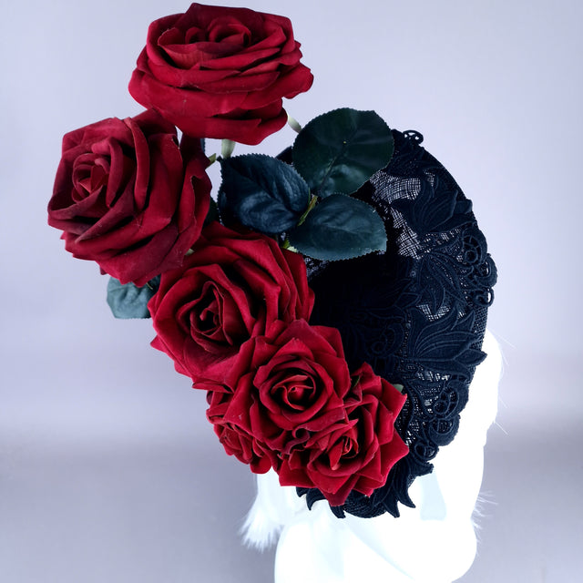 "Oren" Red Roses Black Lace Fascinator Hat