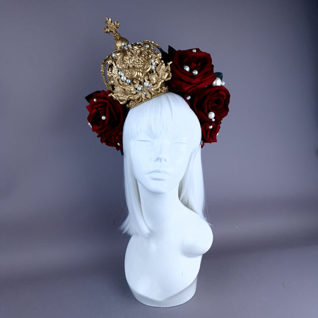 "Lillia" Red Rose & Gold Filigree Crown Headdress