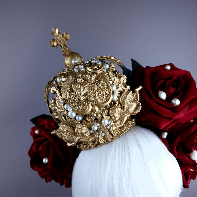 "Lillia" Red Rose & Gold Filigree Crown Headdress