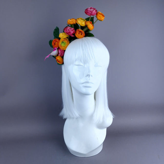 "Circe" Colourful Flower Headpiece with Little Bird