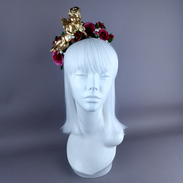 "Damienne" Gold Cherub Pink Roses Flower Crown