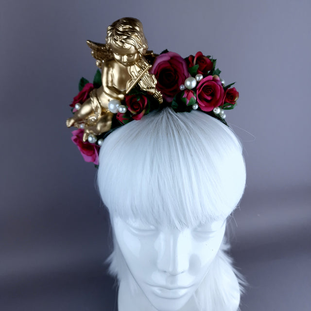 "Damienne" Gold Cherub Pink Roses Flower Crown