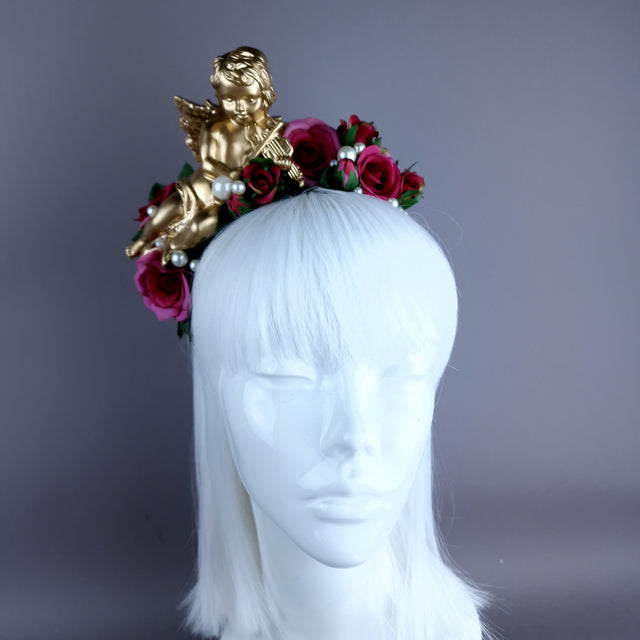 "Damienne" Gold Cherub Pink Roses Flower Crown