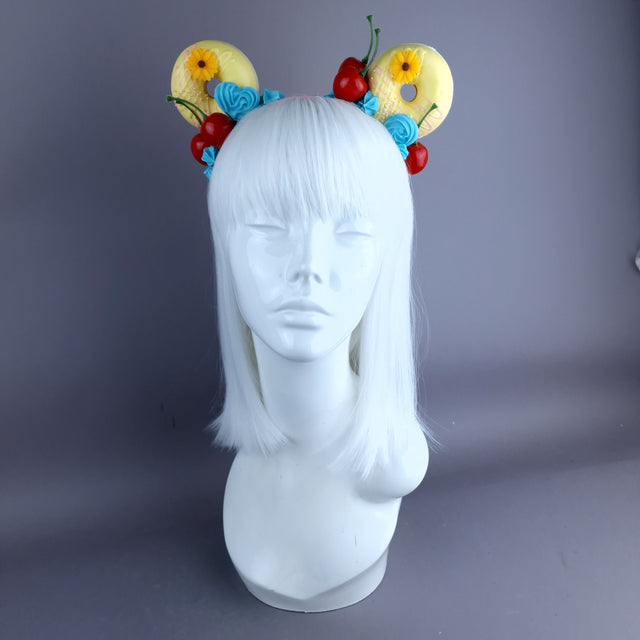 "Delish" Yellow Donut Ear, Blue Icing, Pink Headband Headpiece
