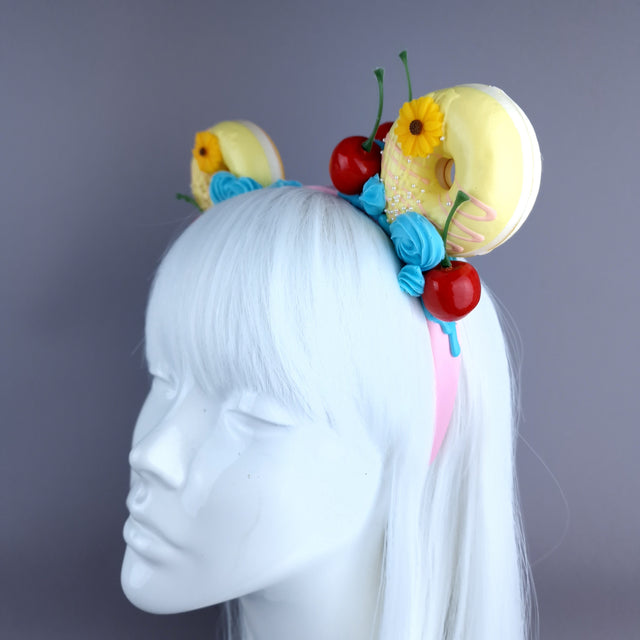 "Delish" Yellow Donut Ear, Blue Icing, Pink Headband Headpiece