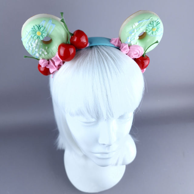 "Delish" Green Donut Ear, Pink Icing, Blue Headband Headpiece