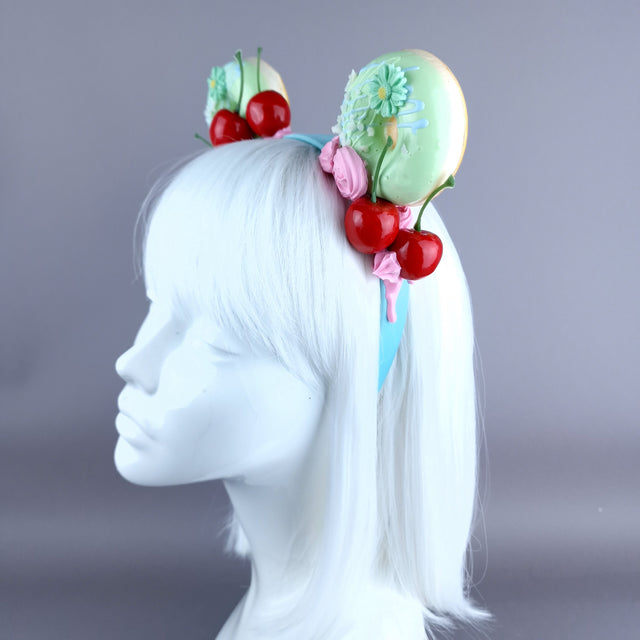 "Delish" Green Donut Ear, Pink Icing, Blue Headband Headpiece