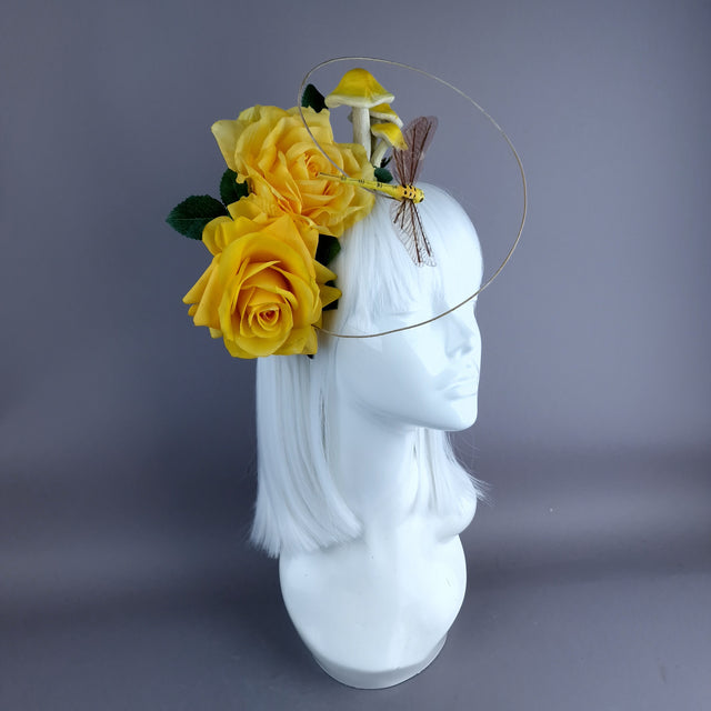 "Kavindra" Yellow Roses, Mushroom & Dragonfly Flower Headpiece