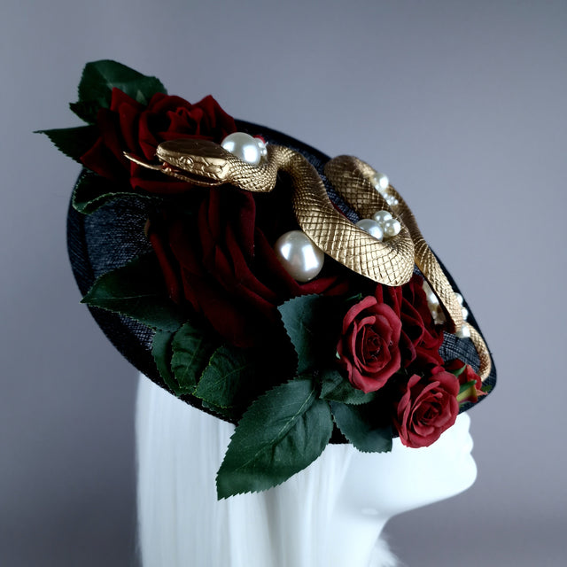 "Solanine" Red Rose, Gold Snake, Pearls, Black Fascinator Hat