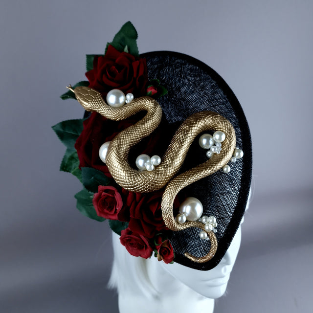 "Solanine" Red Rose, Gold Snake, Pearls, Black Fascinator Hat