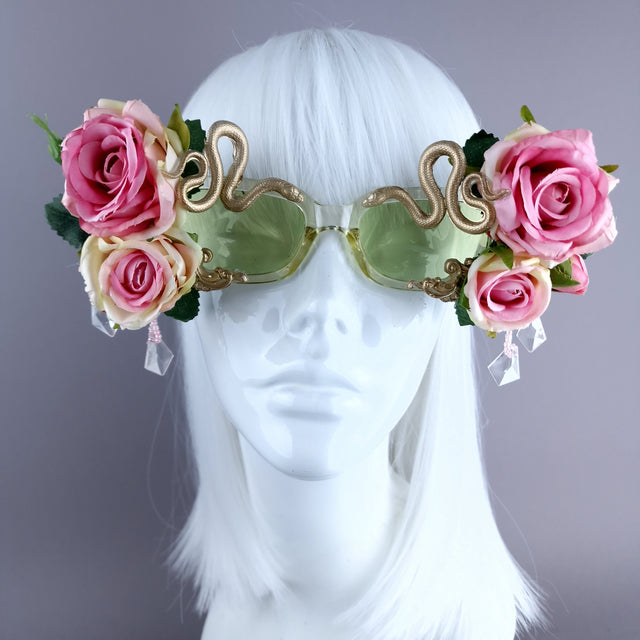 "Raysel" Pink Rose, Filigree & Beading Green Sunglasses