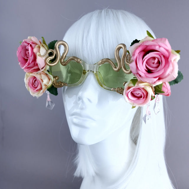 "Raysel" Pink Rose, Filigree & Beading Green Sunglasses