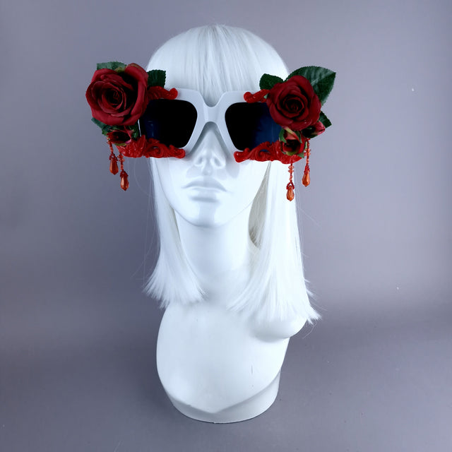 "Raysel" Red Rose, Filigree & Beading White Sunglasses