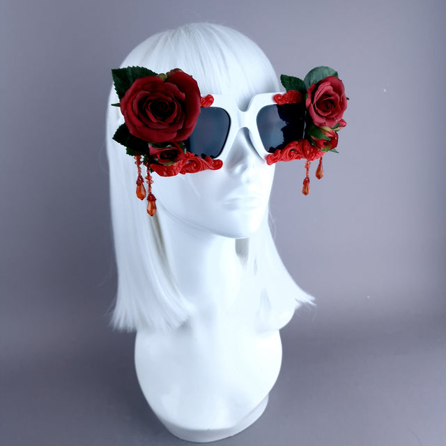 "Raysel" Red Rose, Filigree & Beading White Sunglasses