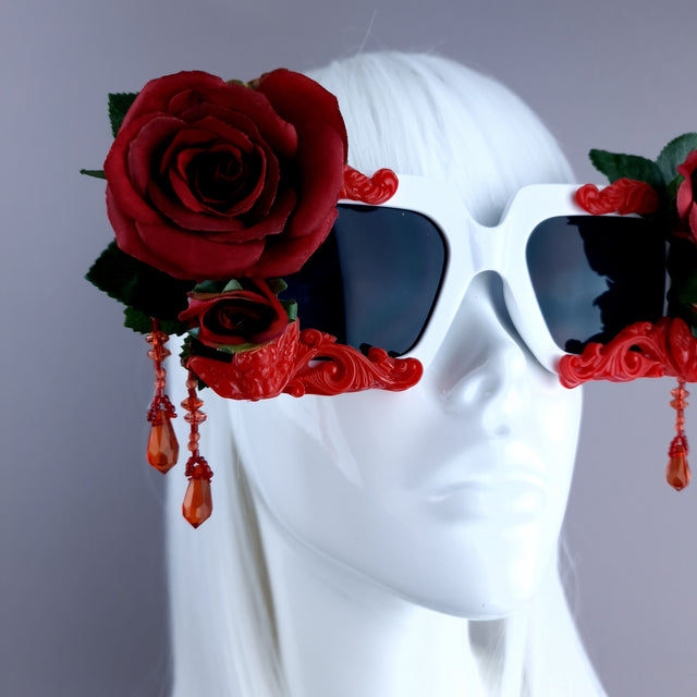 "Raysel" Red Rose, Filigree & Beading White Sunglasses