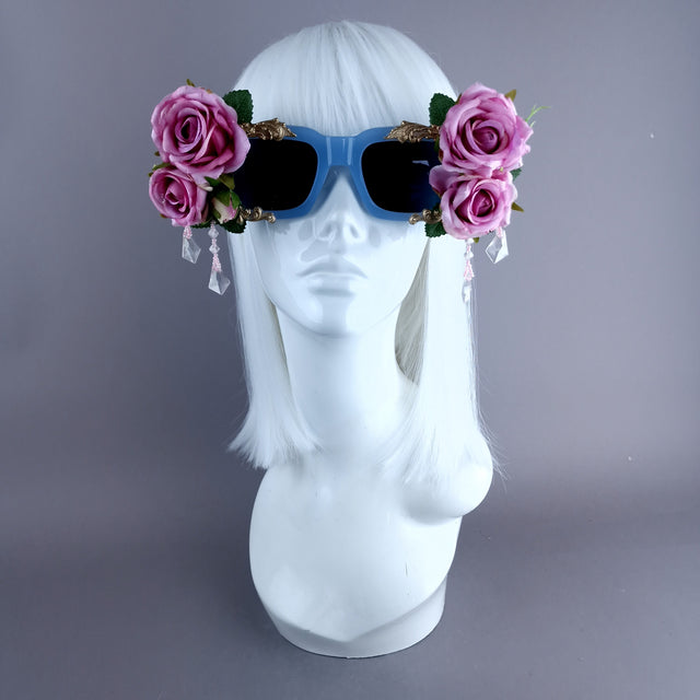 "Raysel" Pink Rose, Filigree & Beading Blue Sunglasses
