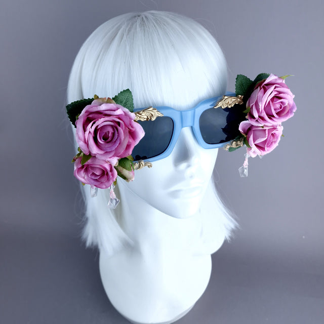 "Raysel" Pink Rose, Filigree & Beading Blue Sunglasses