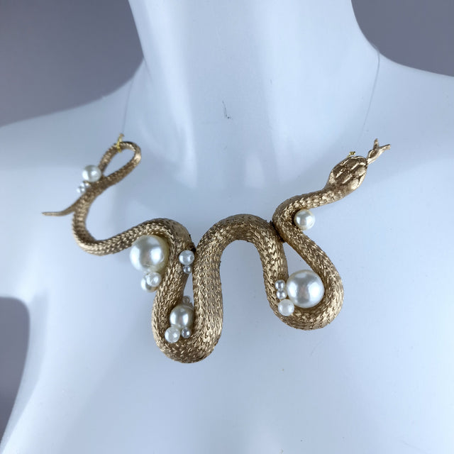 "Venom" Gold Snake & Pearls  Necklace