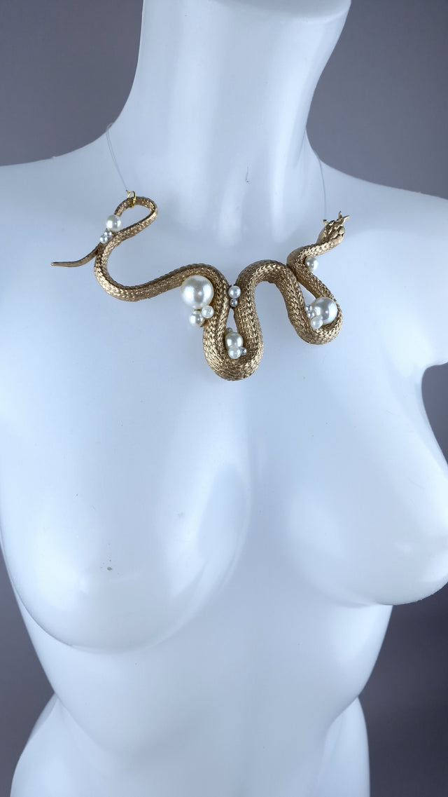 "Venom" Gold Snake & Pearls  Necklace