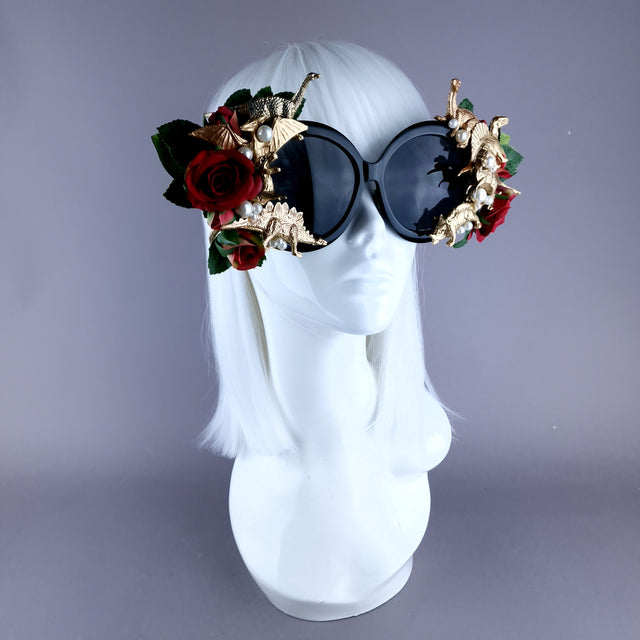 "Rawrrr" Red Rose, Gold Dinosaurs & Pearls Black OTT Sunglasses