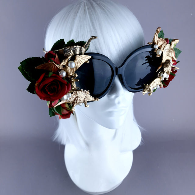 "Rawrrr" Red Rose, Gold Dinosaurs & Pearls Black OTT Sunglasses