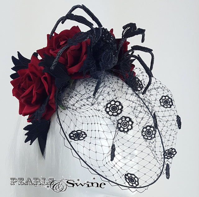 Anatomical spider and roses veiled headband
