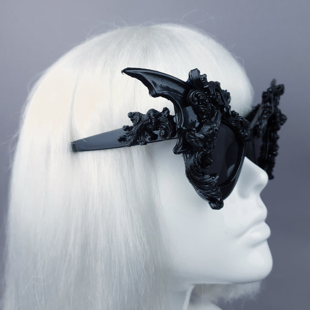 Black Filigree Ornate Bat Wing & Cherub Sunglasses - side view