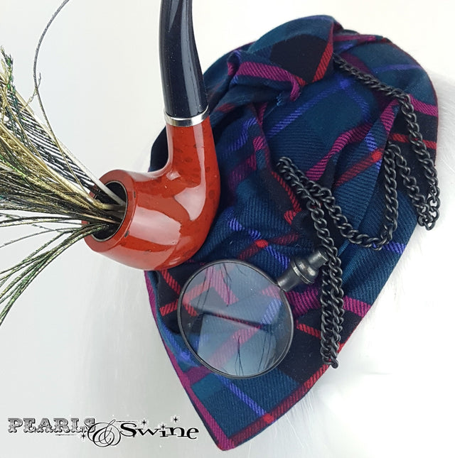 Scottish Tartan hat with monocle pipe and peacock feather