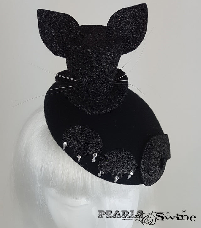 Black glitter mini top hat with cat ears and whiskers set on a blocked felt hat for sale UK