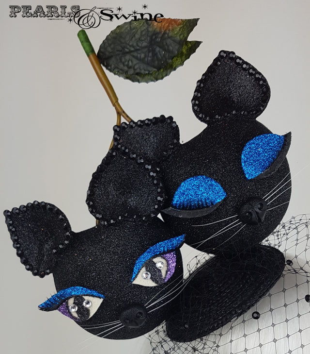Black glitter giant cherry cats with a veil, crazy cat lady hat